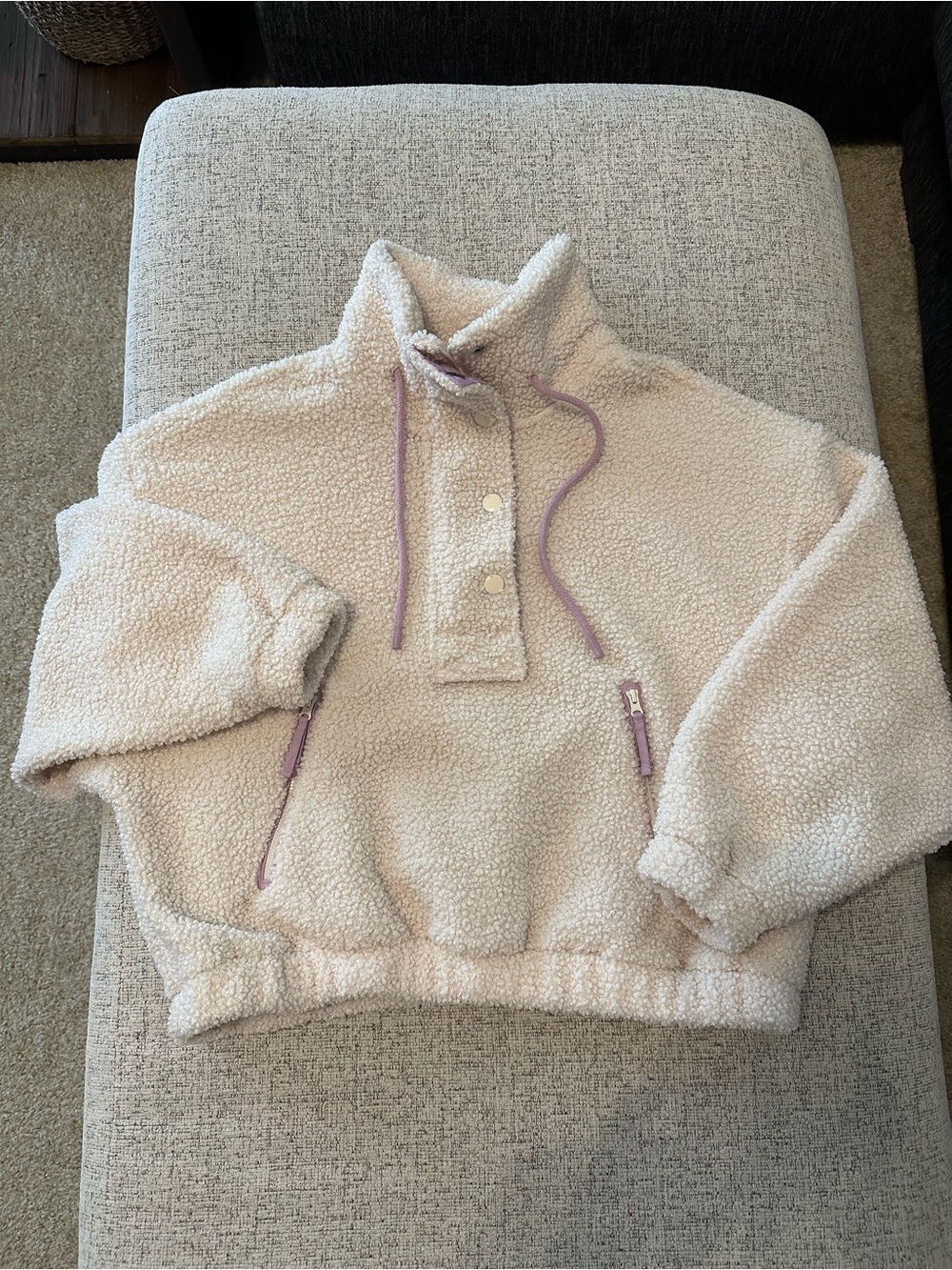 Universal Thread Cream Teddy Pullover with Purple Accents